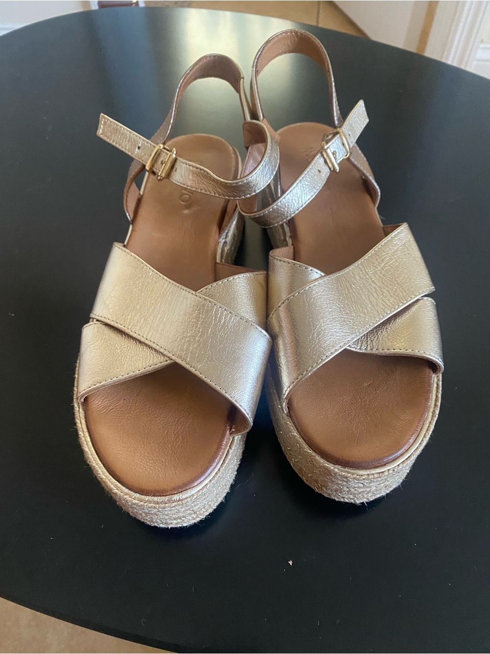Platform Espadrille Sandals in Metallic Gold with Ankle Strap